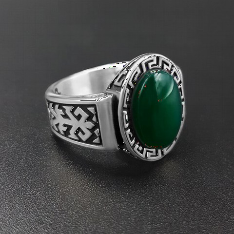 Labyrinth Patterned Green Agate Silver Ring 100350229