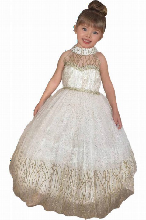 Girl's Glittery Gold Embroidered Fluffy Ecru Evening Dress with Stone Waist and Tarlatan 100327422