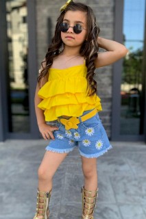 Outwear - Girl's Chain Suspended Layered Ruffled Yellow Shorts Set 100328554 - Turkey