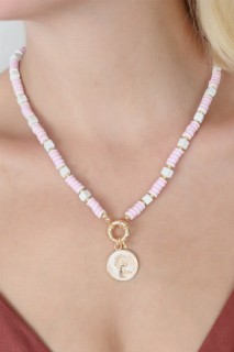Necklaces - Pink White Bead Gold Color Caesar Figure Women Necklace 100327940 - Turkey
