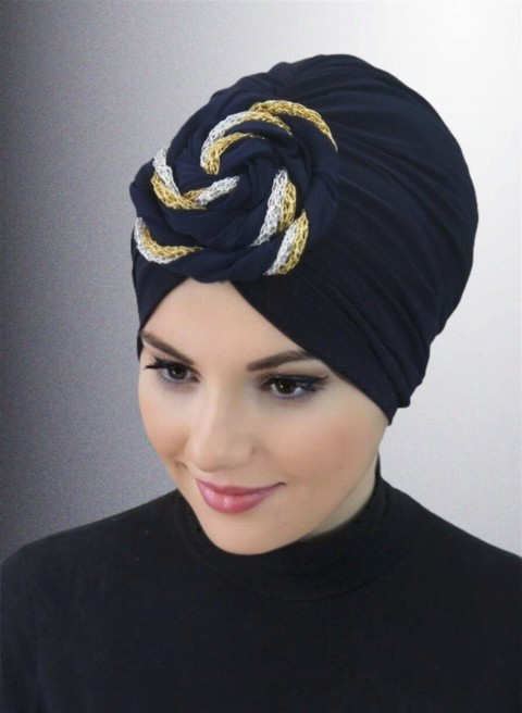 Woman Bonnet & Turban - قبعة دونات جاهزة الصنع ملونة - كحلي - Turkey