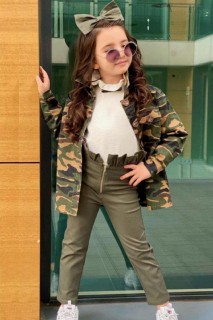 Girl Clothing - Girls' Frilly Camouflage Jacket Green Bottom Top Set 100326895 - Turkey