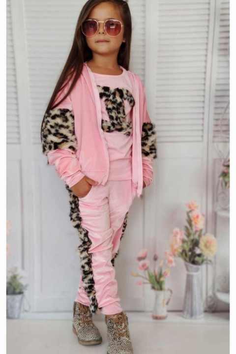 Girl Leopard Patterned Plush Velvet Pink Tracksuit 100326850