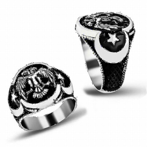 Animal Rings - Double Headed Eagle Motif Moon Star Model Sterling Silver Men's Ring 100348609 - Turkey