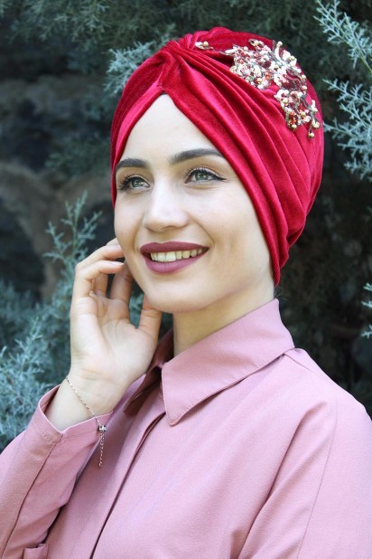 Woman Bonnet & Turban - Velvet Sequined Vera Bonnet Red 100285062 - Turkey