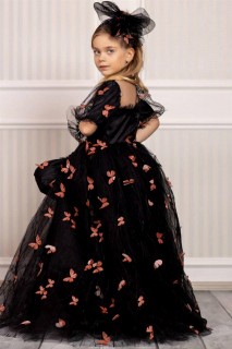 Girl's Breast Stone Embroidered Butterfly Detailed Black Evening Dress with Bag 100328348