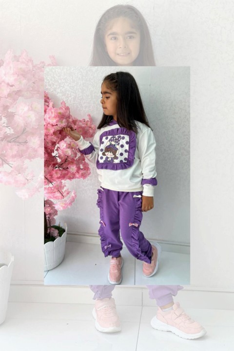 Girl Duck Printed Ruffle Detailed Hooded Purple Tracksuit Suit 100330969