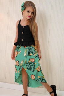 Outwear - بدلة بناتي بأزرار أمامية وخصر مكشكش وتنورة خضراء منقوشة على شكل أوراق الشجر 100327280 - Turkey