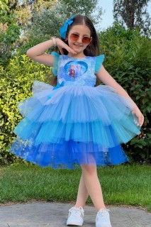 Kids - Mädchen Kind Snow Queen Bedrucktes geschichtetes Tüll Pulpeau Blaues Kleid 100328535 - Turkey