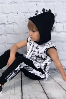Boy's Black-White Tracksuit with Hooded New York Print and Kangaroo Pocket 100327519
