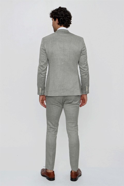 Men's Gray Linen Striped Slim Fit Slim Fit 6 Drop Suit 100351001