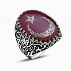 Enamel Silver Ring With The Word-i Tawhid Inscribed Inside the Moon and Star 100348169