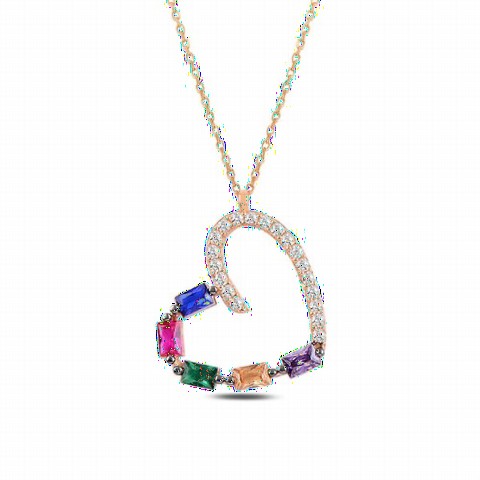 Necklaces - Colorful Baguette Stone Heart Silver Necklace 100346892 - Turkey