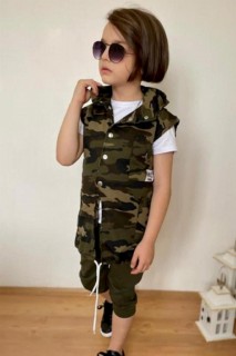 Boy's Back Chain Detailed Front Snap Button and Hooded Camouflage-Green Tracksuit 100328722
