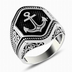 Anchor Embroidered Side Seljuk Motif Silver Ring 100347663