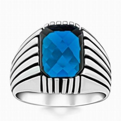 Blue Stone Edge Line Motif Sterling Silver Ring 100346390