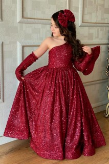 Evening Dress - Girls' One Shoulder Sleeve Flywheel Back Tie Detailed Sequin Claret Red Evening Dress 100327210 - Turkey