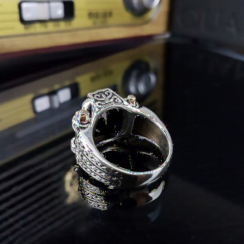 Black Zircon Stone Shield Model Silver Ring 100349696