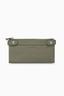 Hand Portfolio - Khaki Green Double Zippered Leather Women's Wallet with Phone Compartment 100346221 - Turkey