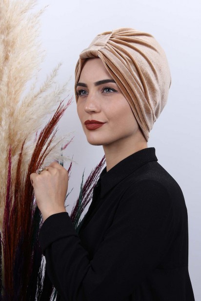 Woman Bonnet & Turban - بونيه كاراميل 3 خطوط مخملية - Turkey