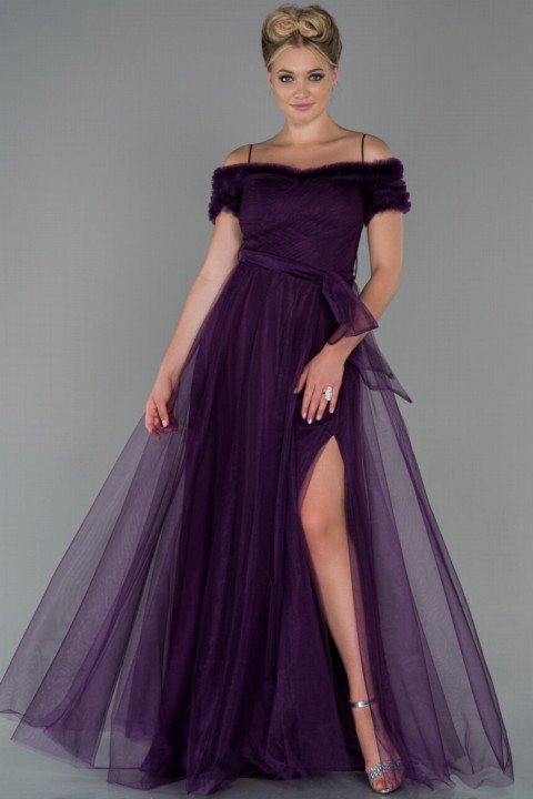Woman Clothing - Evening Dress Short Sleeve Leg Decollete Long Tulle Evening Dress 100297308 - Turkey