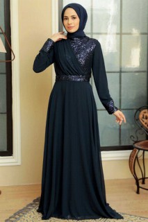 Evening & Party Dresses - Navy Blue Hijab Evening Dress 100341716 - Turkey