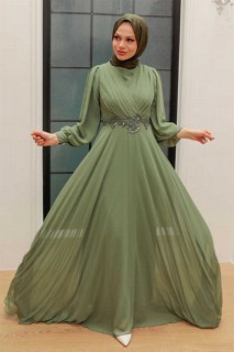 Wedding & Evening - Almond Green Hijab Evening Dress 100340339 - Turkey
