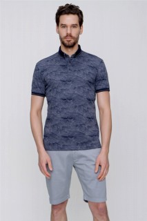 Men's Navy Blue Mercerized Printed Buttoned Collar Dynamic Fit Comfortable Cut T-Shirt 100351474
