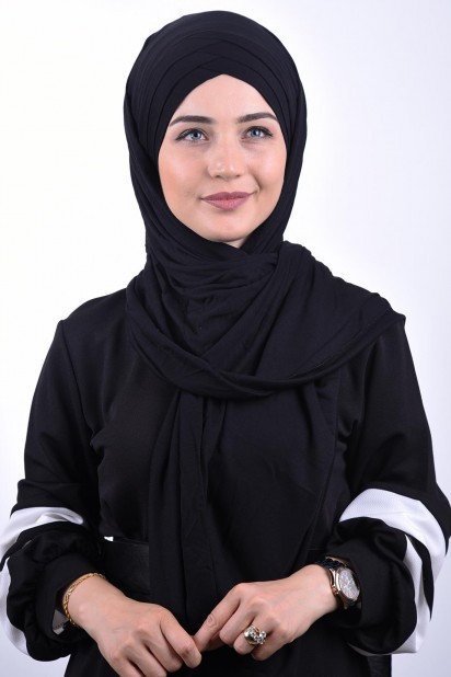 Ready to wear Hijab-Shawl - Châle Coton Peigné 3 Rayures Noir - Turkey