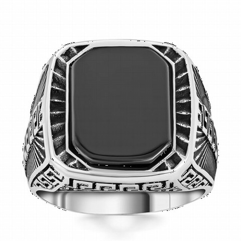 Onyx Stone Greek Motif Adorned Silver Ring 100350278