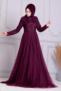 Wedding & Evening - Plum Color Evening Hijab Dress 100337204 - Turkey