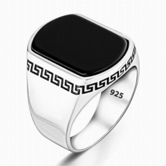 Plain Stone Simple Black Onyx Silver Men's Ring 100346456