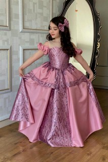 Girl Clothing - Robe de soirée fille rose avec col transparent et détail prune 100328295 - Turkey