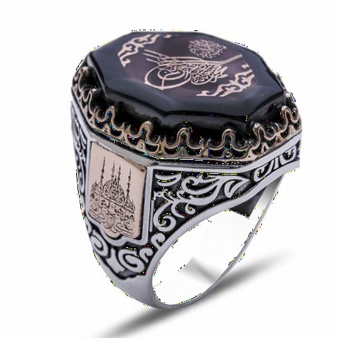 Amber Stone Cornered Ottoman Tugra Silver Men's Ring 100348445