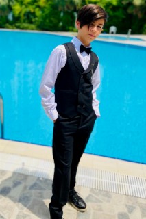 Boy Clothing - Boy DeepSEA Patterned Double Button Bowtie Black Bottom Top Suit 100328695 - Turkey