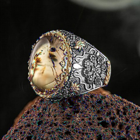 Yemen Agate Stone Zircon Embroidered Silver Ring 100346429