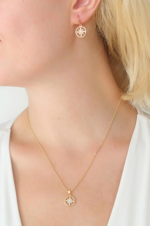 Necklaces - Gold Color North Star Figure Zircon Stone Detail Women's Necklace Earring Set 100328136 - Turkey
