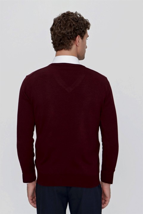 Men's Dark Claret Red Basic Dynamic Fit Relaxed Cut V Neck Knitwear Sweater 100345154