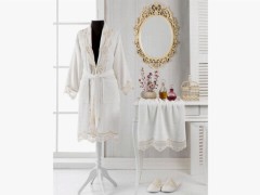 Set Robe - French Guipure Melis Bamboo Honeymoon Bathrobe Set 100259721 - Turkey