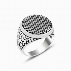 Square Cut Pattern Oval Silver Ring 100347843