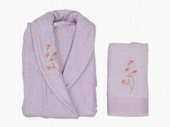 Set Robe - Scar Embroidered 100% Cotton Single Bathrobe Set Lilac 100329398 - Turkey
