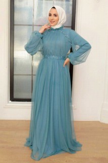 Woman - Blue Hijab Evening Dress 100341225 - Turkey