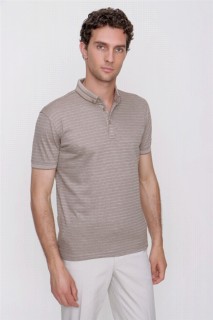 T-Shirt - Men's Beige Printed Dynamic Fit Comfortable Cut Buttoned Collar Short Sleeve Striped T-Shirt 100351425 - Turkey