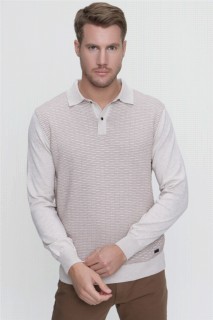 Men Clothing - Men's Beige Polo Buttoned Collar Dynamic Fit Comfortable Cut Knit Pattern Knitwear Sweater 100345169 - Turkey