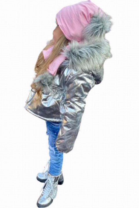 Coat, Trench Coat - Kapuzenschal aus wasserdichtem Wollgarn für Mädchen und silberfarbener Barettmantel 100328699 - Turkey