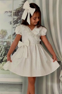 Kids - Girl's V Neck Ruffled Lace Embroidered Skirt and Fluffy Tulle White Dress 100327368 - Turkey