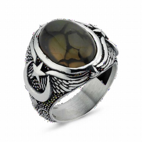 Agate Stone Rings - Yemen Agate Stone Sides Moon Star Patterned Silver Men's Ring 100349221 - Turkey