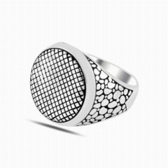Square Cut Pattern Oval Silver Ring 100347843