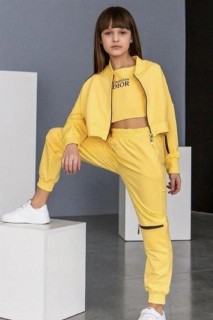 Girl Clothing - 3er-Pack Gelbes Trainingsanzug-Set mit christlichem Aufdruck und Reißverschluss für Mädchen 100344671 - Turkey