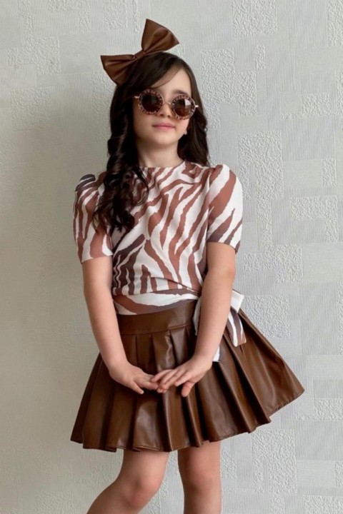Girls' Zebra Patterned Chiffon Blouse and Crown Brown Leather Skirt Suit 100327348